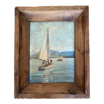 Huile sur panneau Voilier