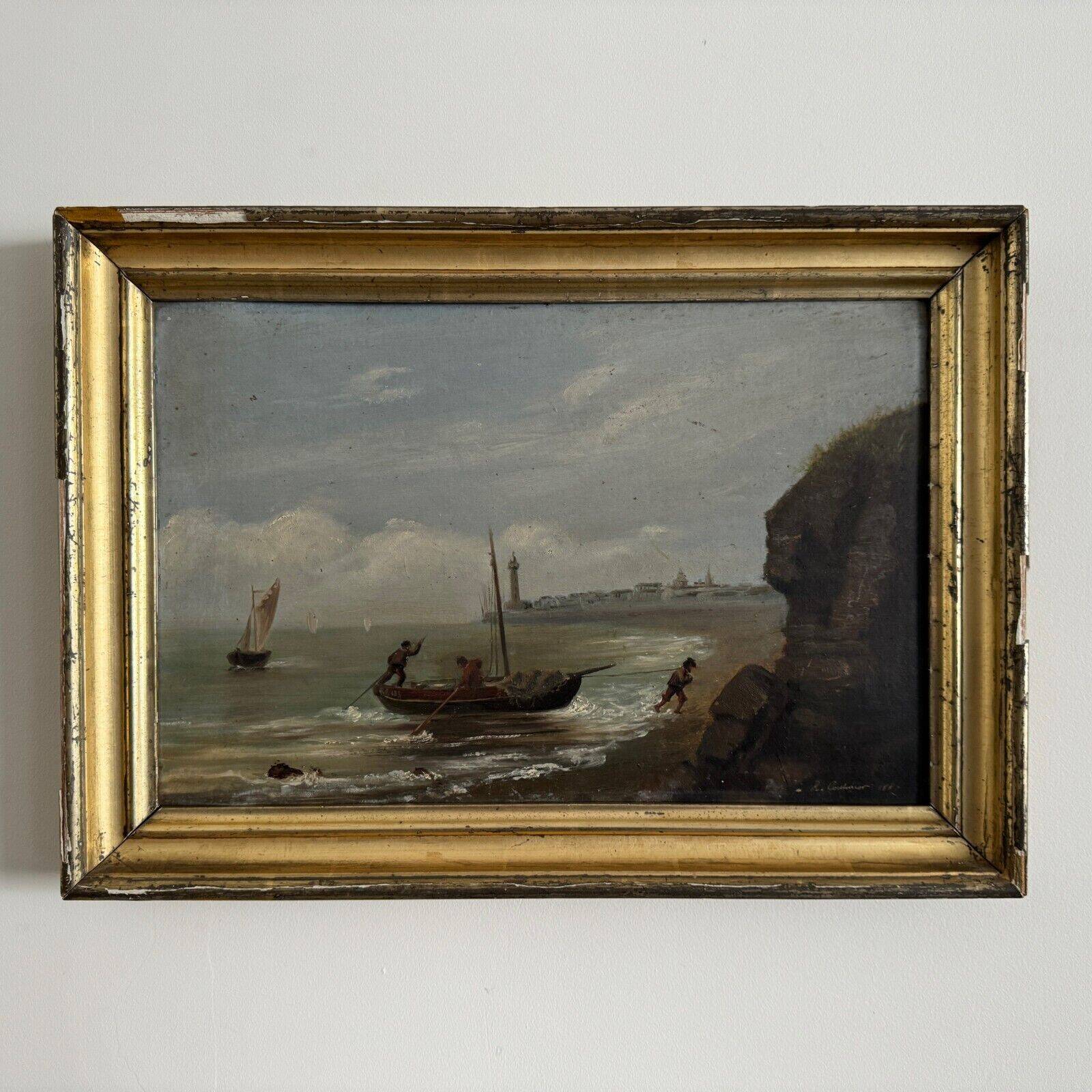 Oil on cardboard by R. Coubinier 1887 boat on a rocky coast