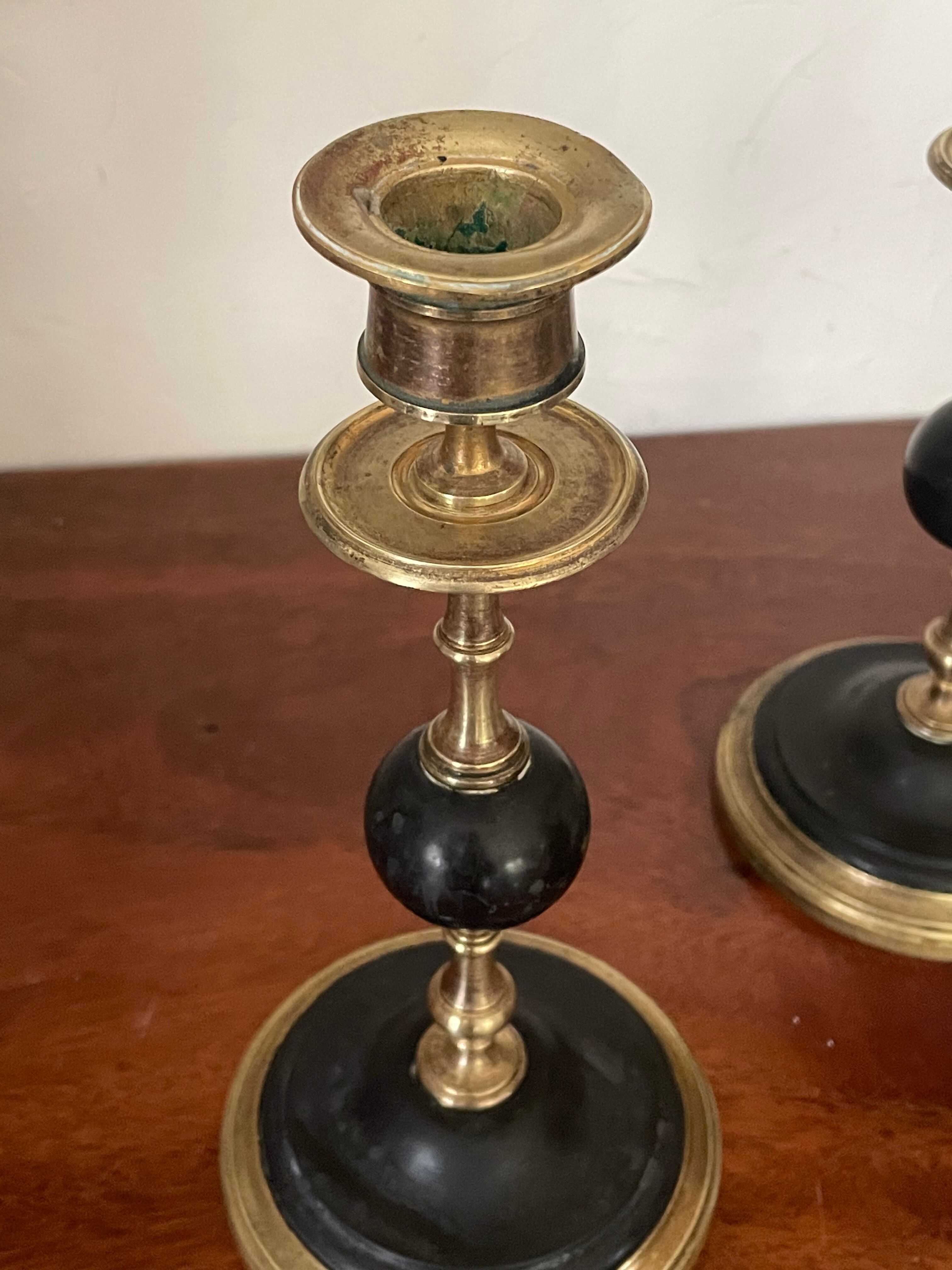 Ancienne paire de bougeoirs marbre noir et laiton XIXème