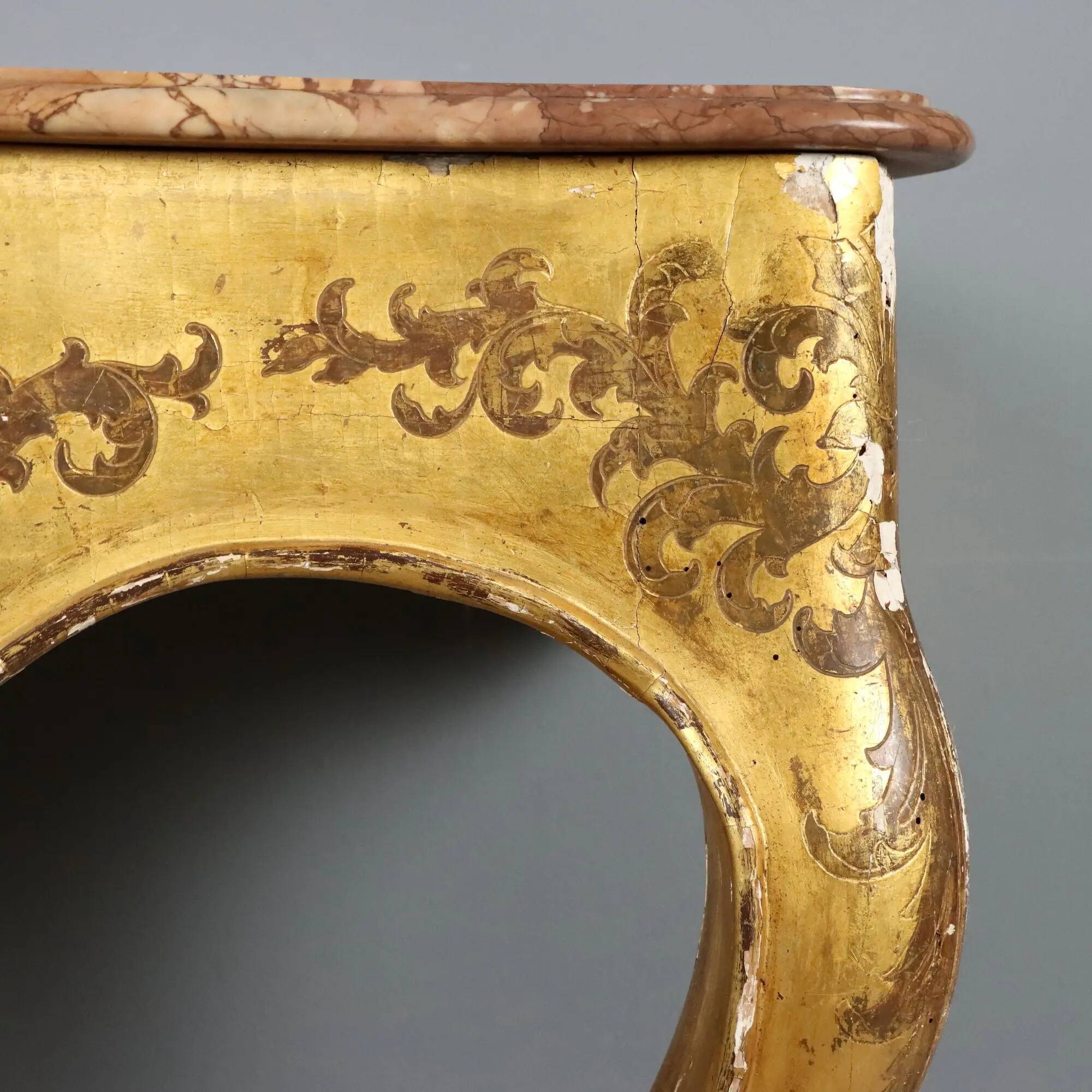 Antique gilded wooden console with marble top, Italy, 19th century.
