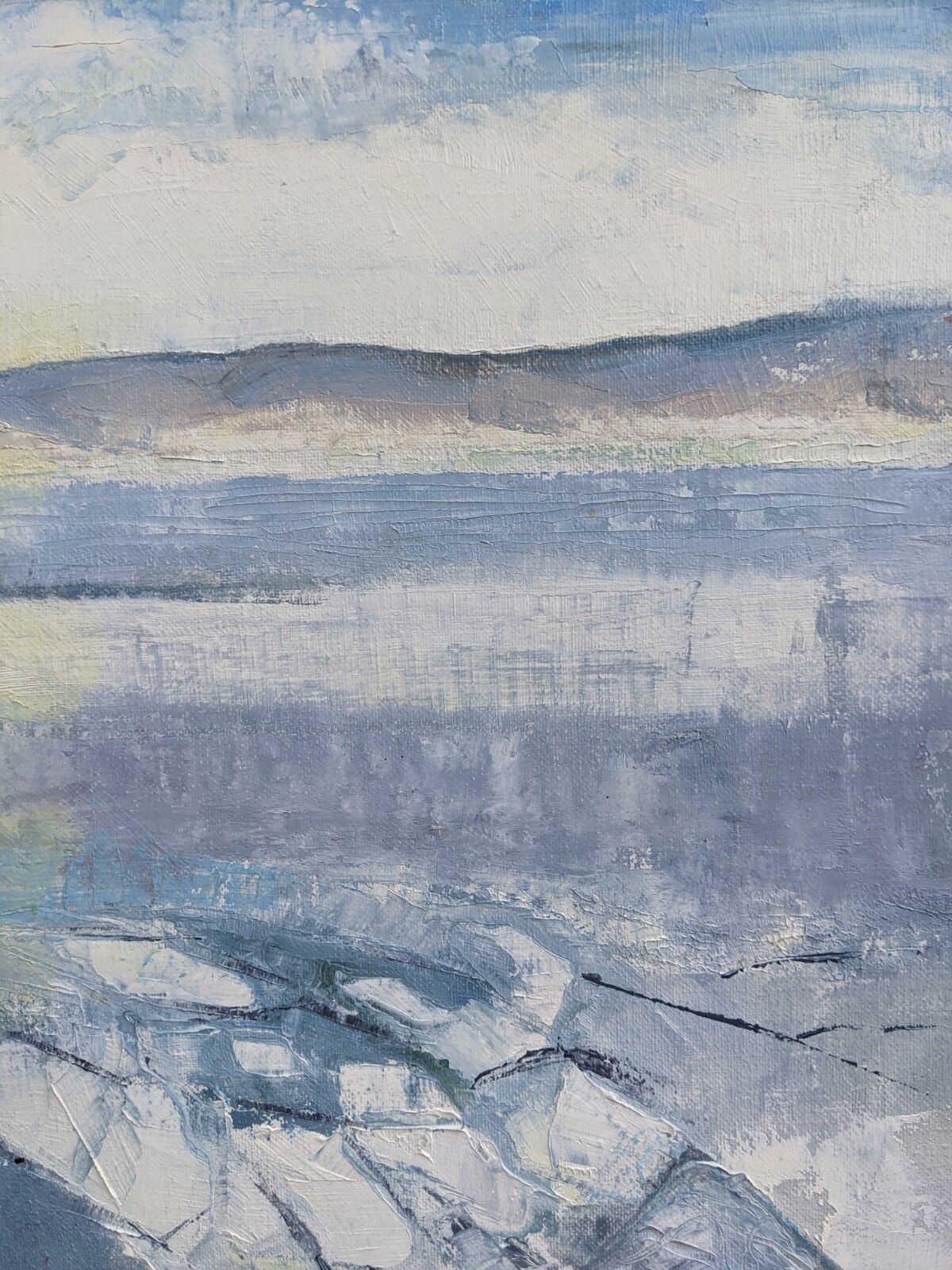 Vintage mid century framed oil painting, abstract coastal landscape - icy winter