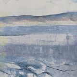 Vintage mid century framed oil painting, abstract coastal landscape - icy winter