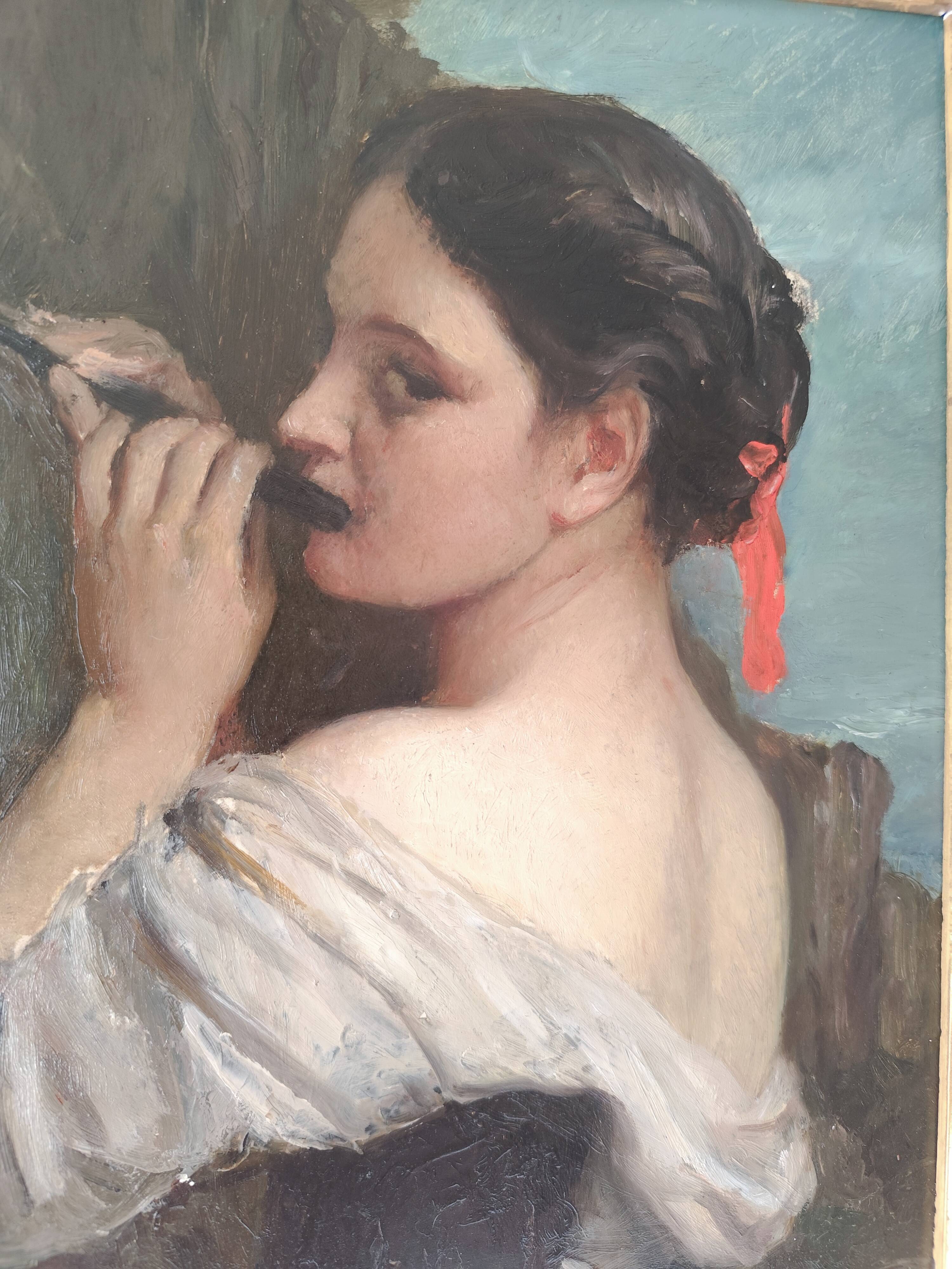 Superb oil on wood panel of a flute player by Firmin Gauthier.