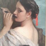 Superb oil on wood panel of a flute player by Firmin Gauthier.