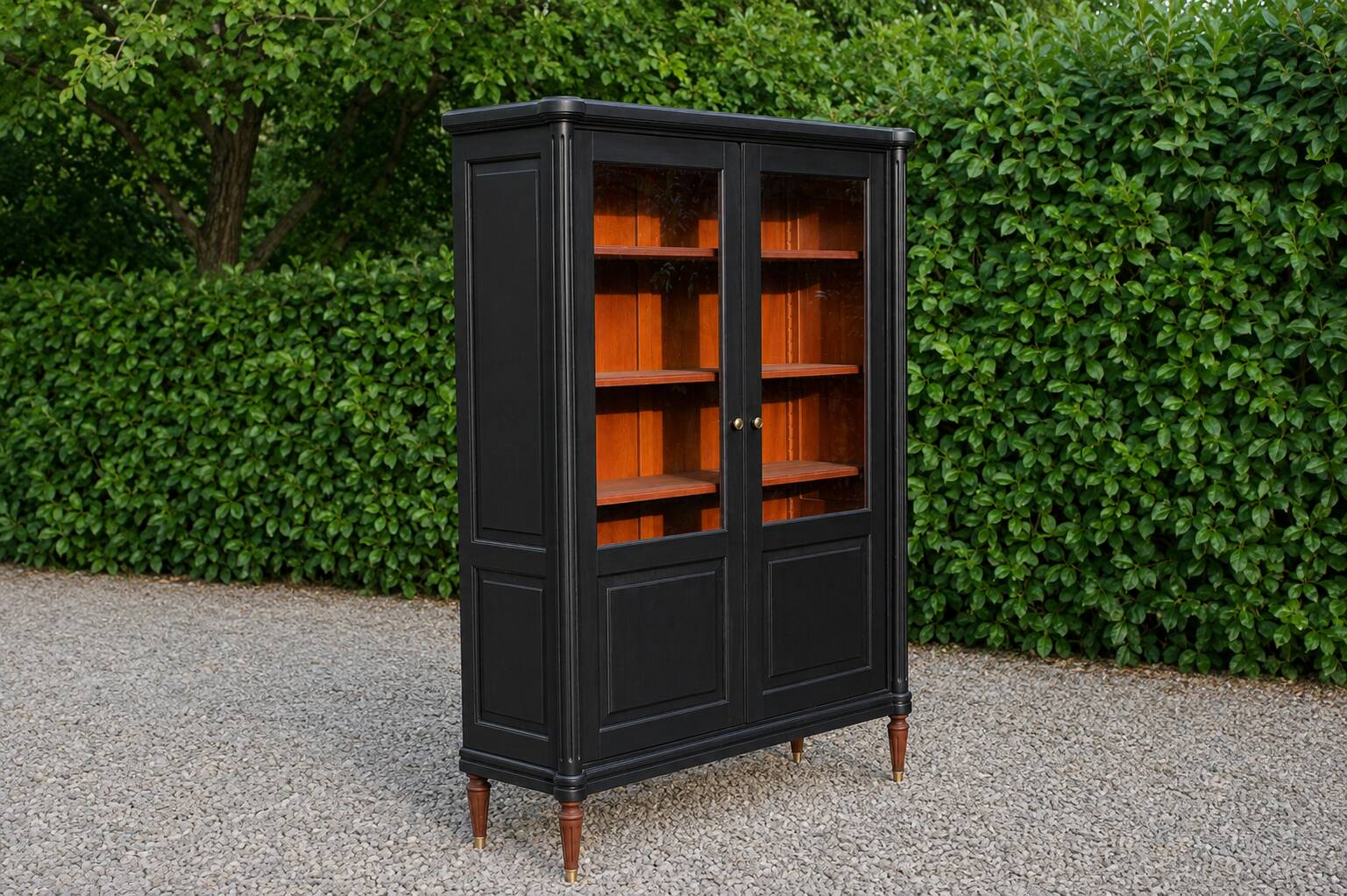 Renovated black antique Louis XVI style display cabinet, glass-fronted bookcase.