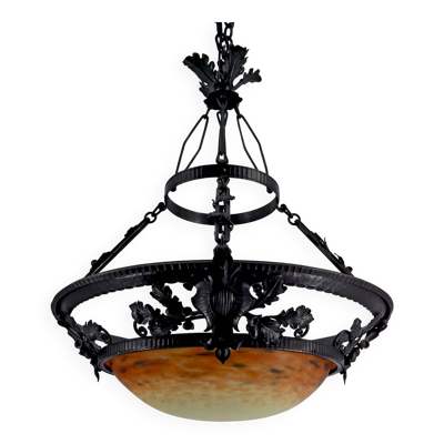 Suspension en Fer Forgé et Pâte de Verre, Art Nouveau / Art Déco, Début XXe