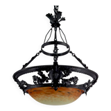 Wrought Iron and Glass Paste Pendant Light, Art Nouveau / Art Deco, Early 20th Century