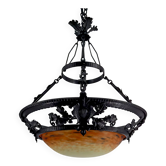 Wrought Iron and Glass Paste Pendant Light, Art Nouveau / Art Deco, Early 20th Century