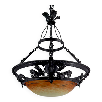 Wrought Iron and Glass Paste Pendant Light, Art Nouveau / Art Deco, Early 20th Century