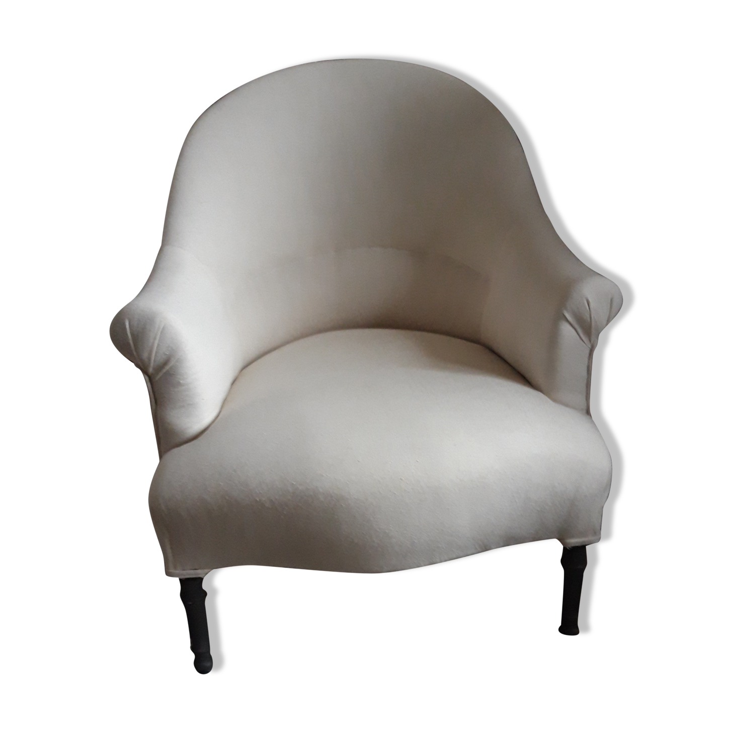 Fauteuil crapaud ancien en toile de chanvre lavée