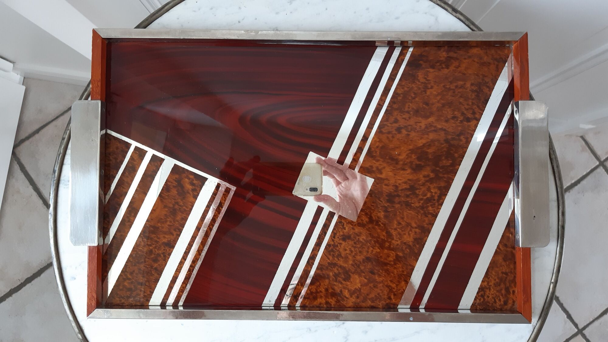 Art deco tray in wood, steel, chrome, glass and mirror 30s-40s