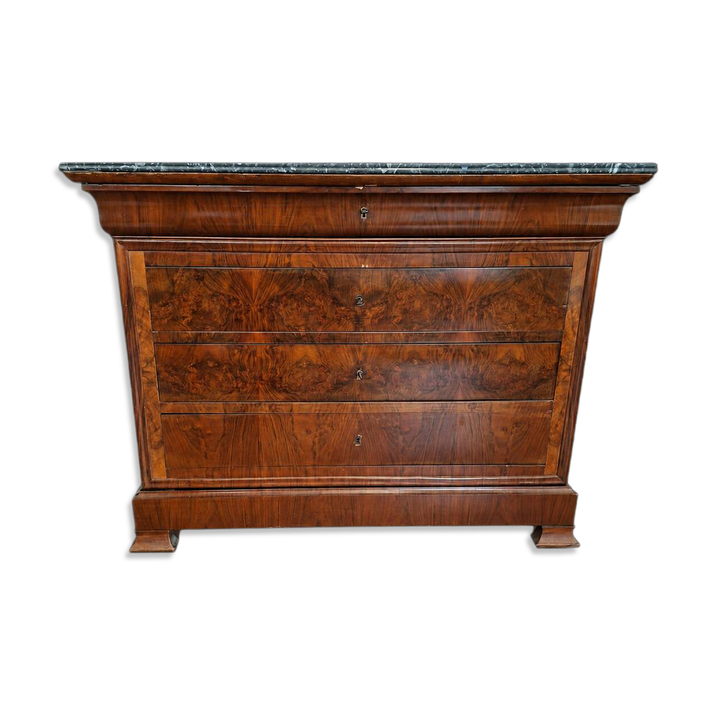 Commode Louis-Philippe en noyer loupe et marbre noir - XIXe siècle