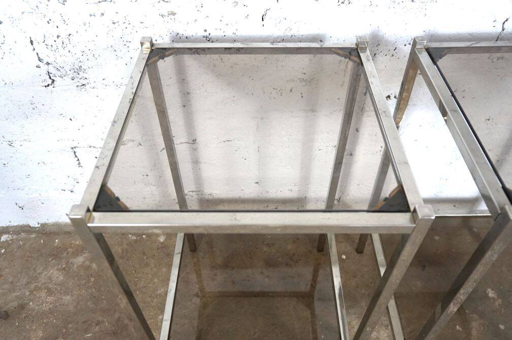 Pair of vintage side tables, chrome and smoked glass 1970