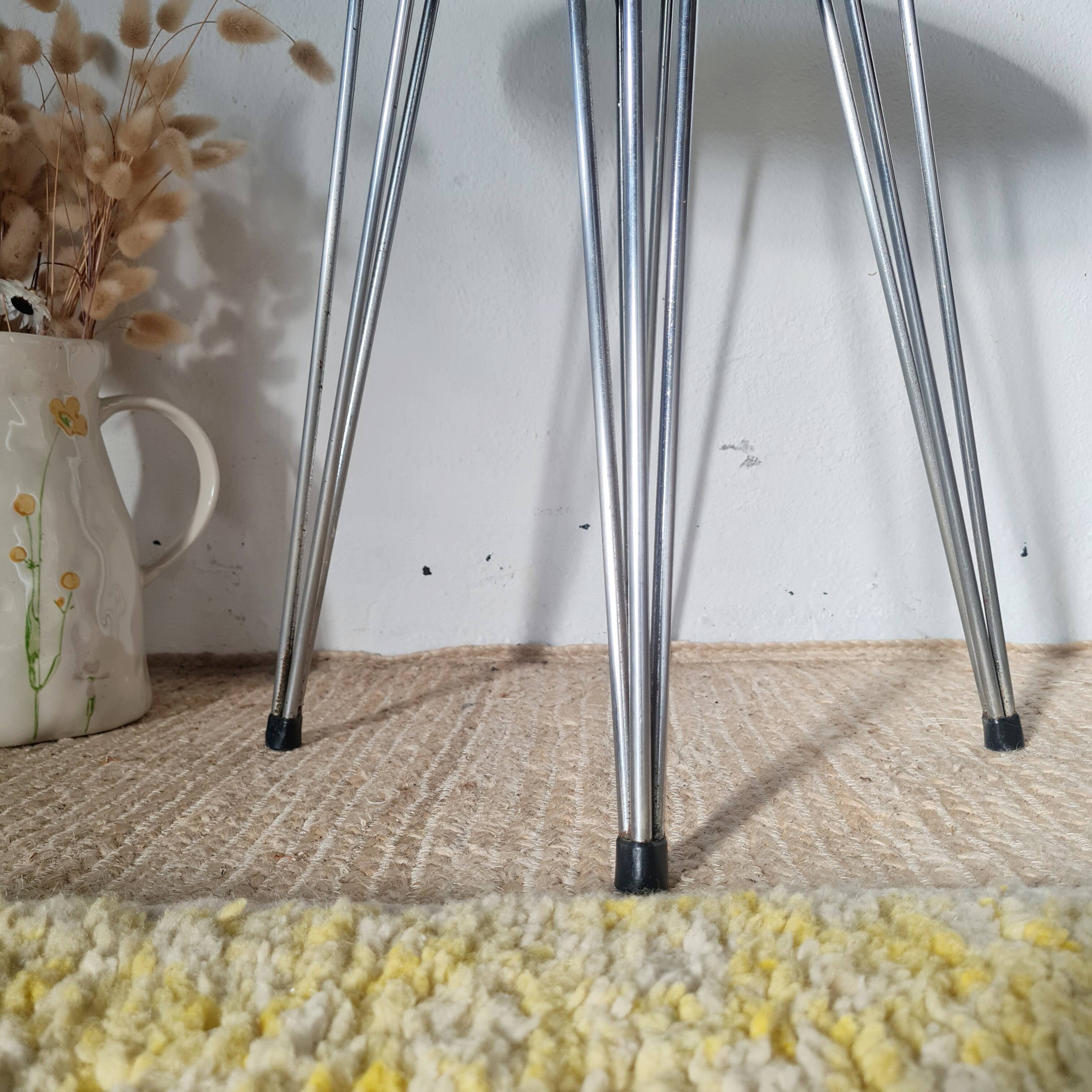 Vintage 1950s stool, metal tapered legs and velvet.