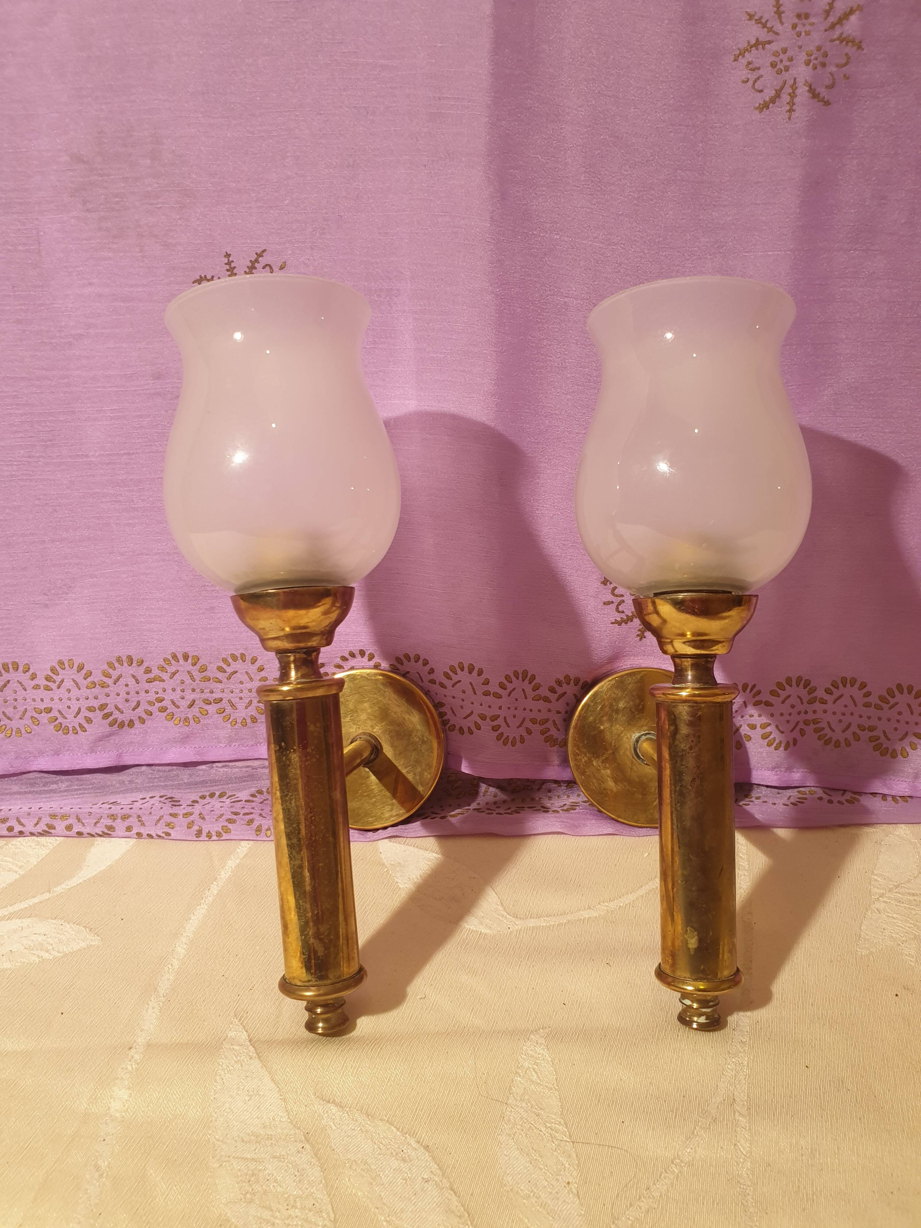 Pair of vintage design brass and opaline wall lights