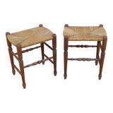Pair of vintage wooden and straw stools from the 50s, rectangular
