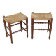 Pair of vintage wooden and straw stools from the 1950s, rectangular.