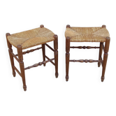 Paire de tabouret vintage bois et paille année 50 rectangulaire