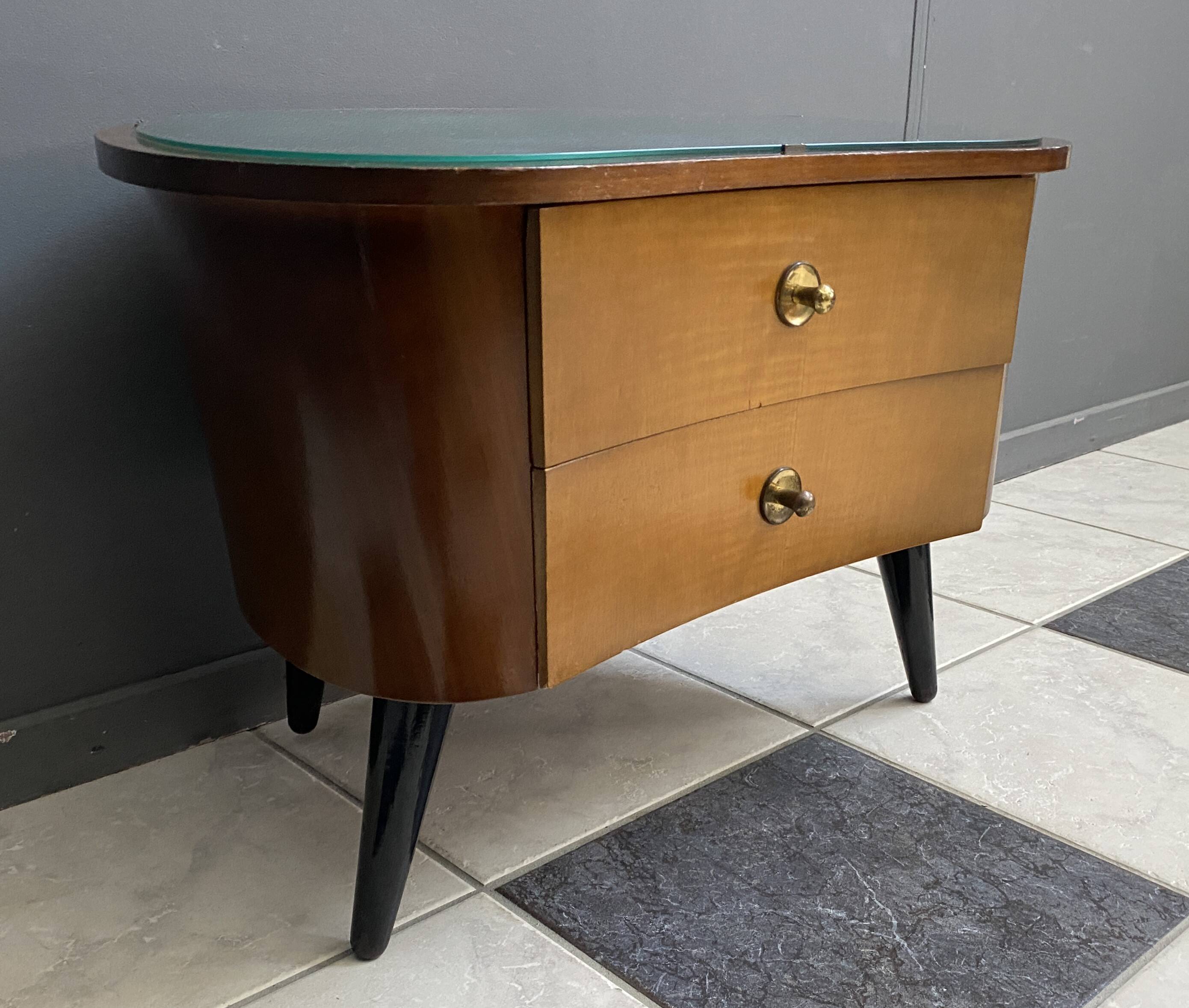 small kidney shaped cabinet with glass on top 1960s