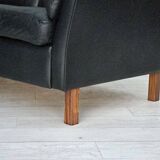 1970s, Danish 2-seater sofa, original black furniture leather, teak wood.