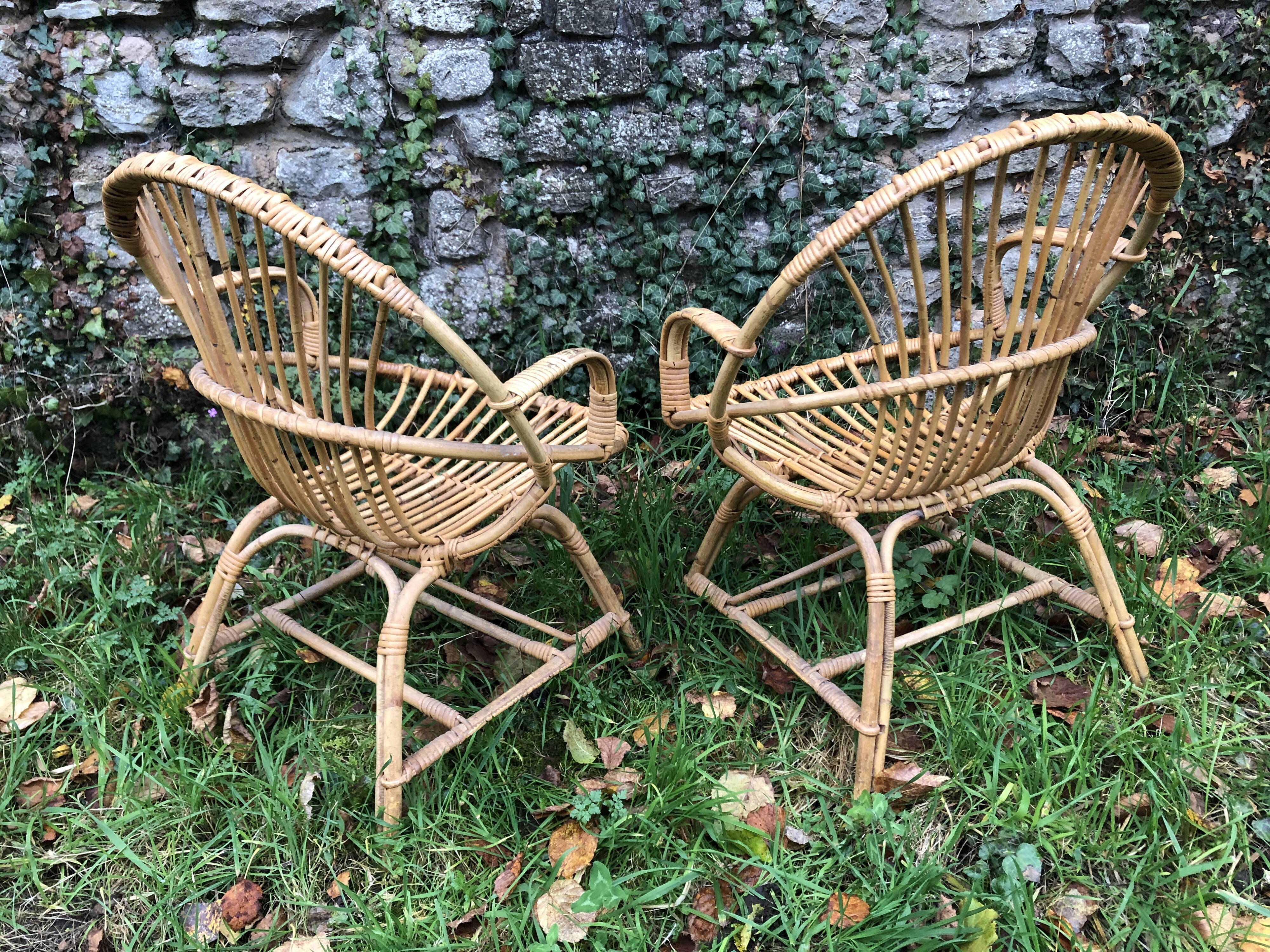 Bamboo rattan armchairs 60s