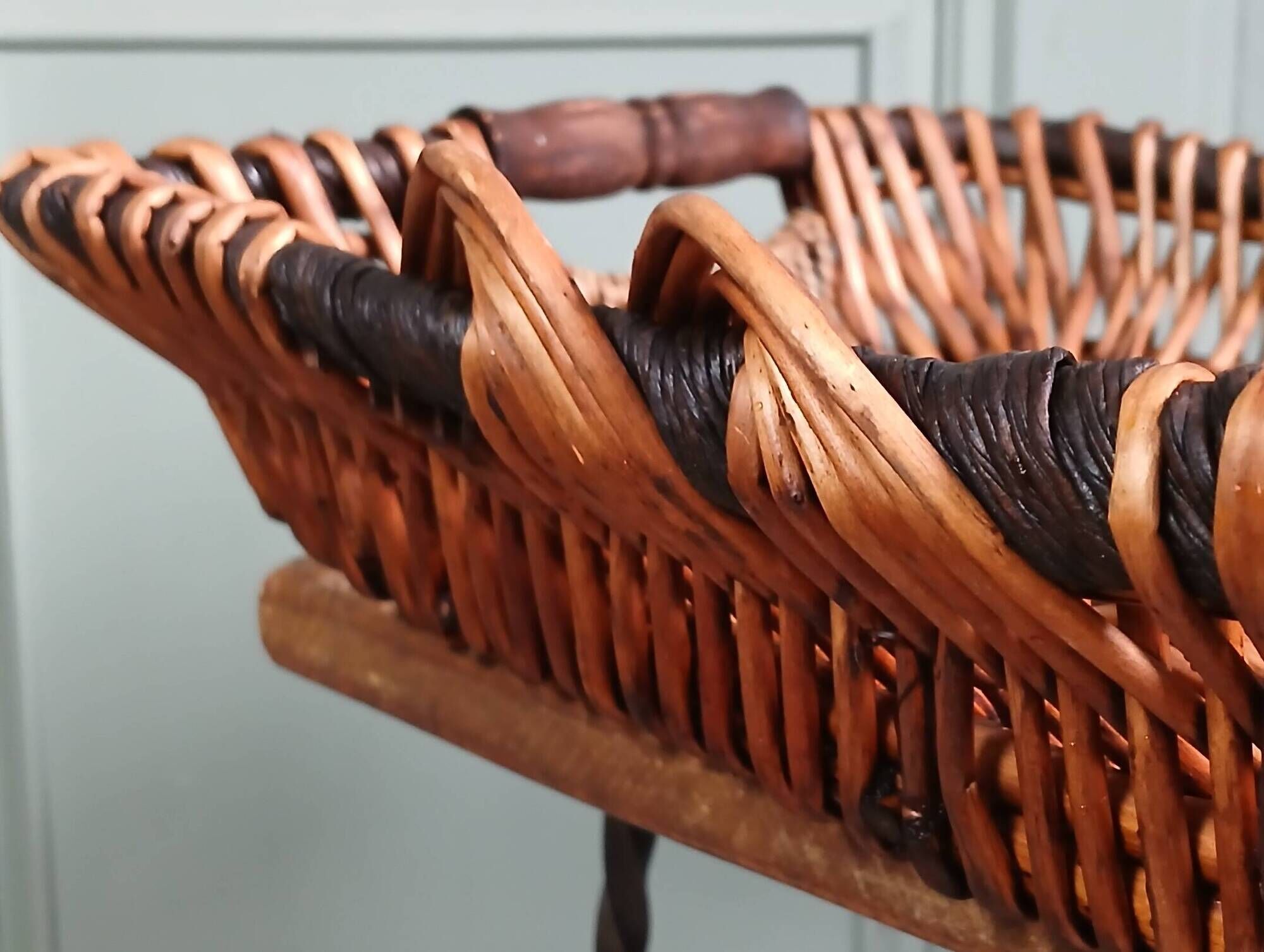 Rectangular wicker basket tray, rope & wood