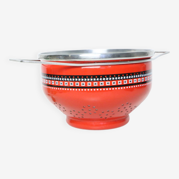 Pretty enameled metal strainer, 1970, vintage