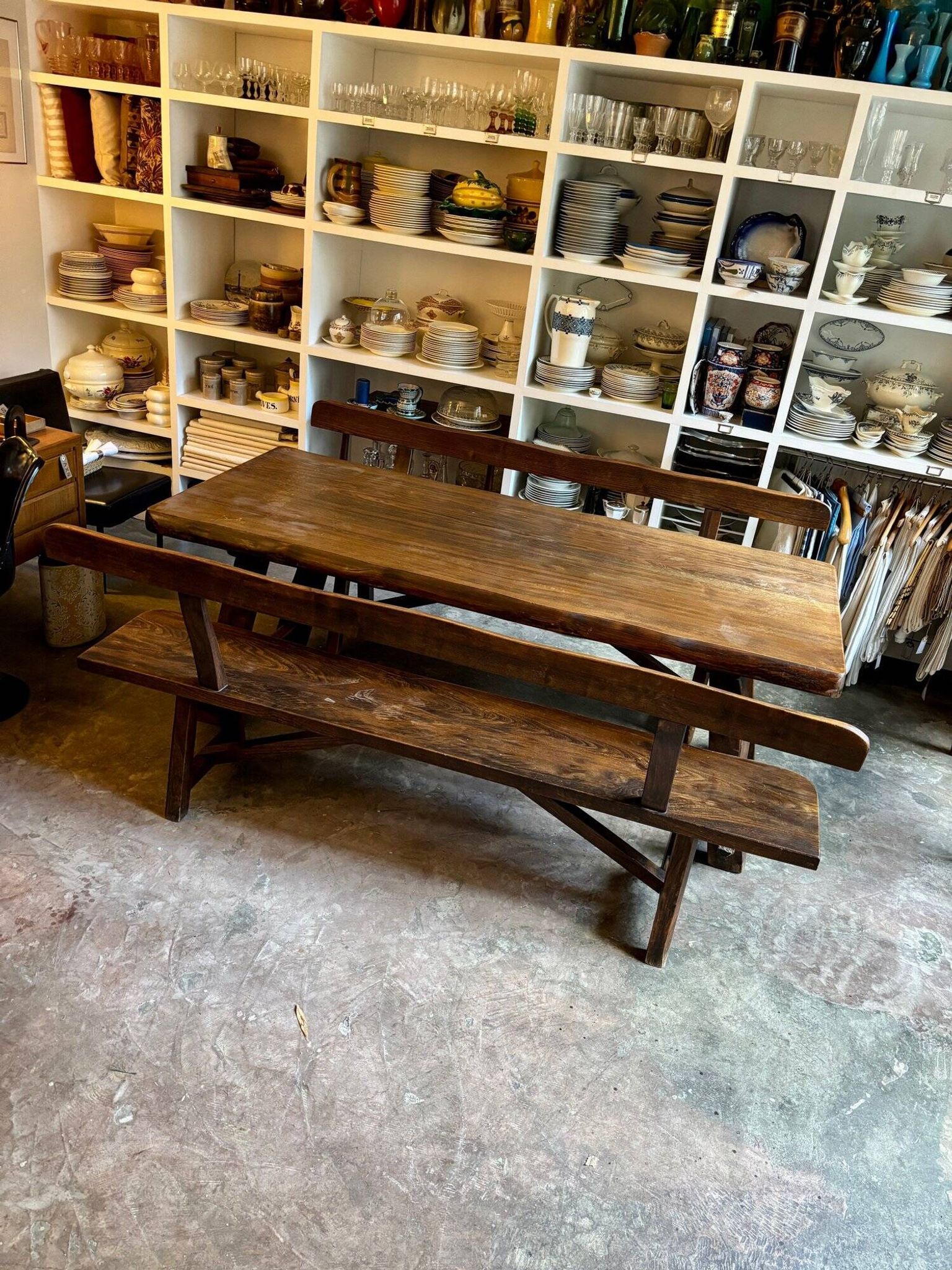 Aranjou dark wood dining table and 2 benches from the 70s/80s ☐ 200 x 89 cm