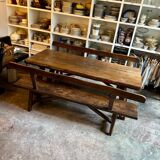 Table à manger et 2 bancs en bois foncé Aranjou années 70/80 ☐ 200 x 89 cm