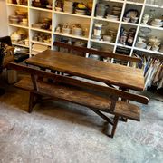 Aranjou dark wood dining table and 2 benches from the 70s/80s ☐ 200 x 89 cm