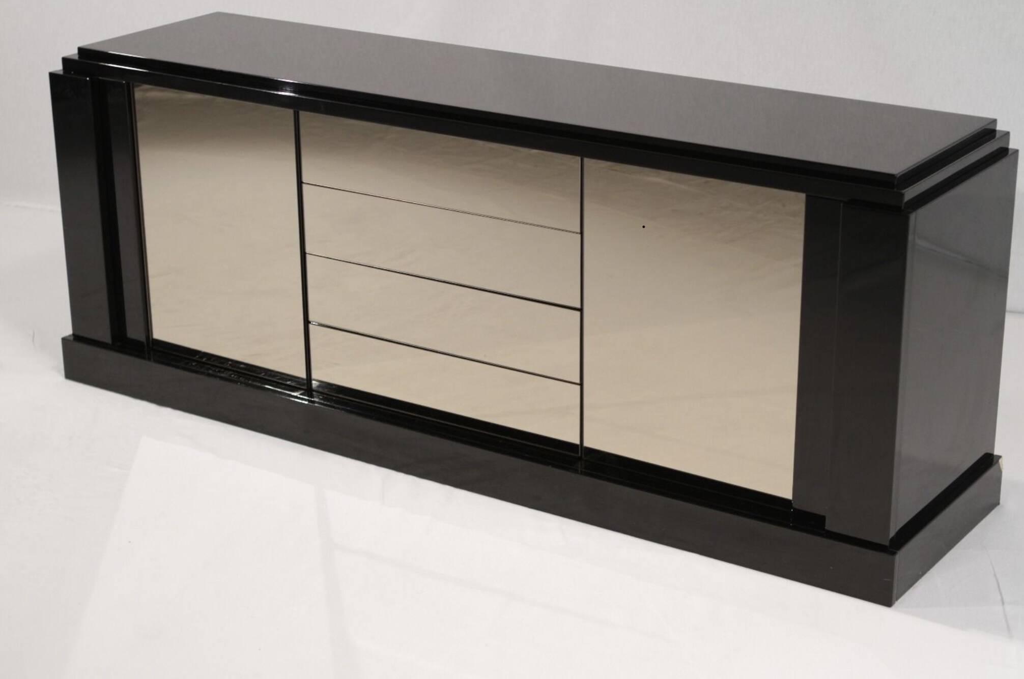 Roche Bobois sideboard black lacquer and mirror signed Paul Michel 80s
