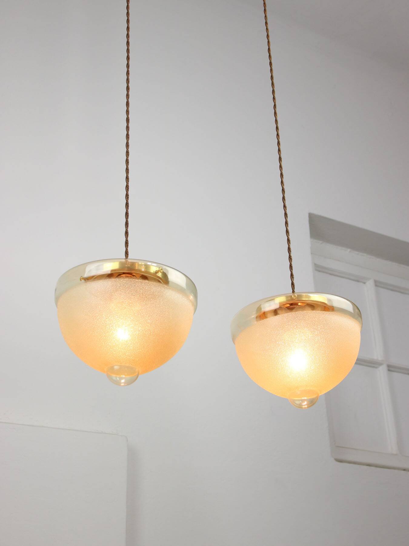 Mid-century Italian Brass and Glass Pendant Lamps, set of 2