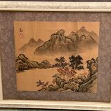 India ink drawing with red markings depicting a mountain landscape