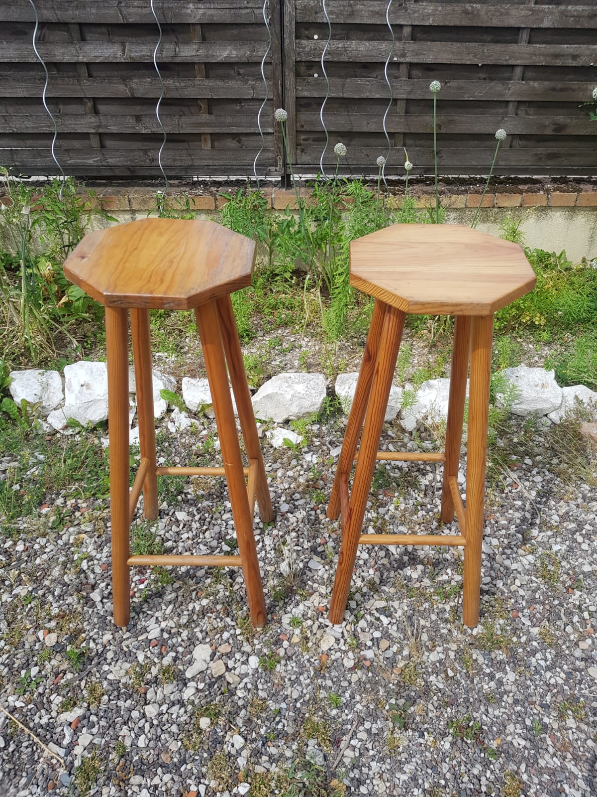 Pair wooden top stool seated bar hexagonal vintage