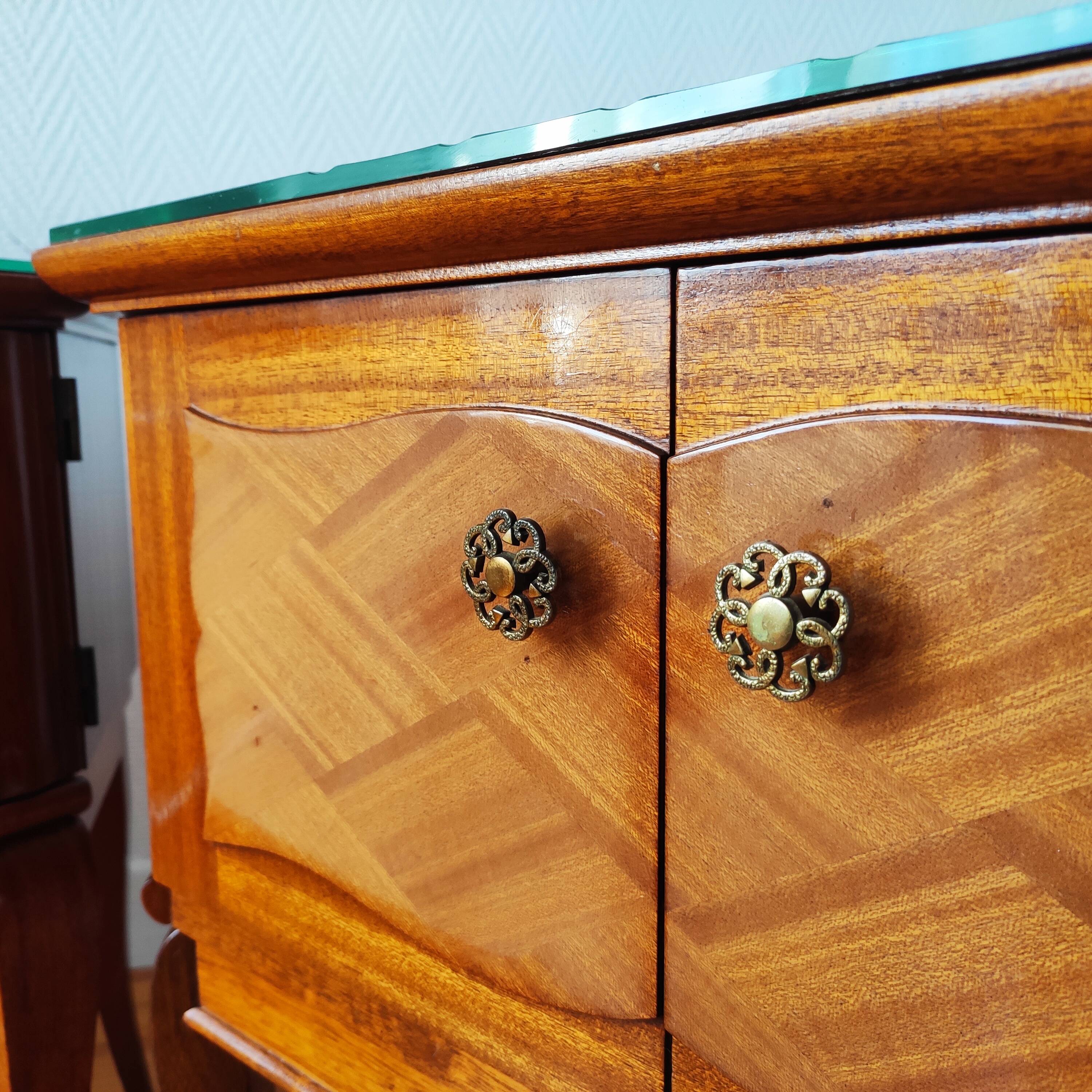 Pair of Art Deco bedside tables, mirrored top.