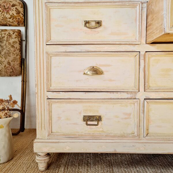 Meuble de métier mercerie - commode haute patinée - semainier XXL