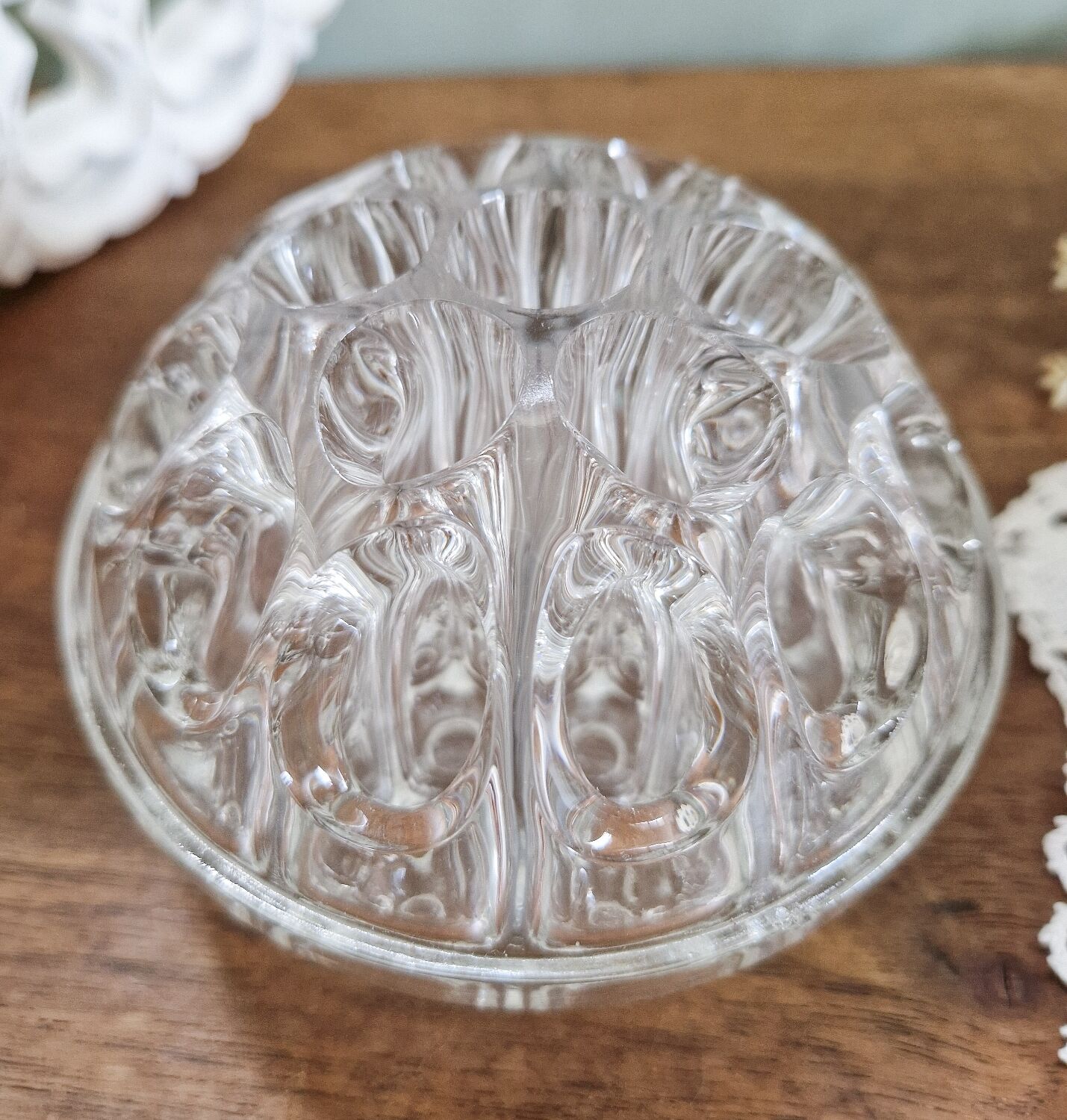 Set of three vintage flowers in transparent molded glass