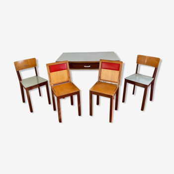 Ensemble table chaises et tabourets Heid années 60