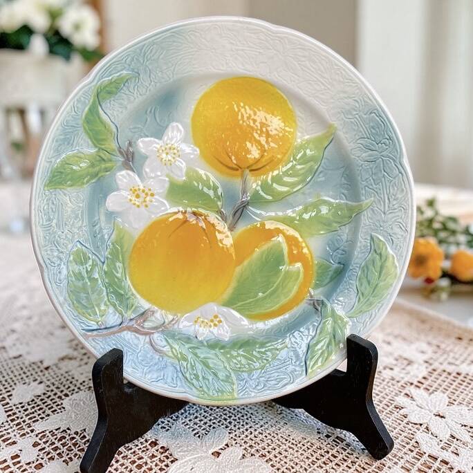 Vintage celadon green slipware plate with fruit decoration - Saint Clément