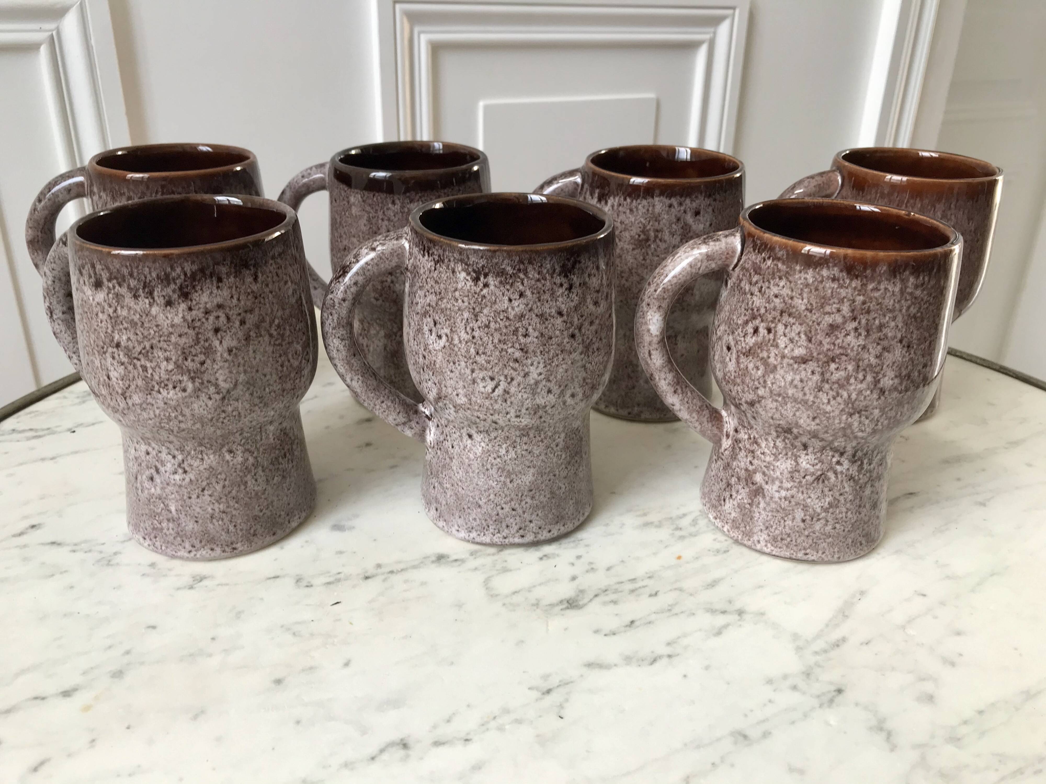 Set of 7 fat lava glazed ceramic mugs signed poët laval 70s