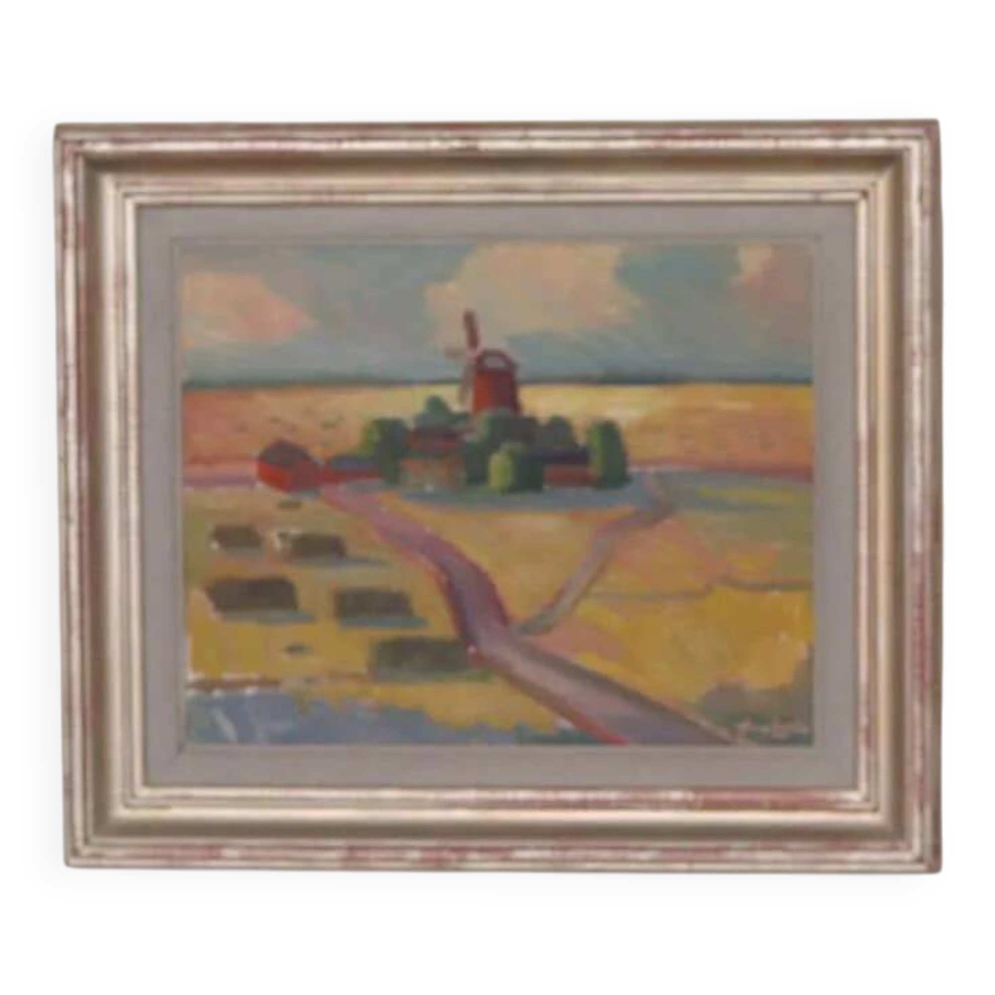 Huile sur toile originale suédoise – « Paysage avec moulin à vent » par Harry Sahlin