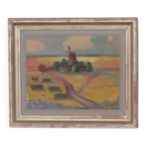 Huile sur toile originale suédoise – « Paysage avec moulin à vent » par Harry Sahlin