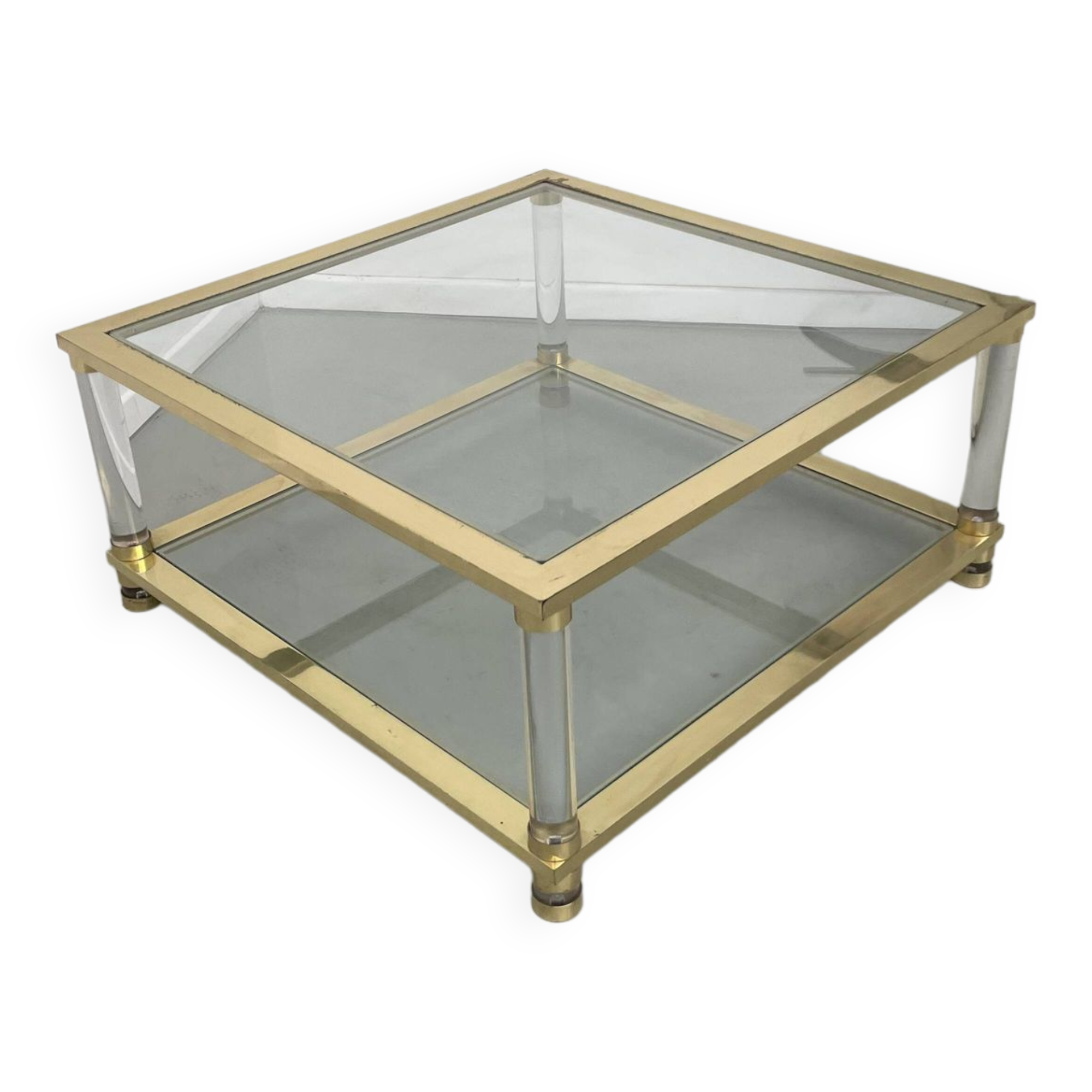 1970s lucite, brass and glass coffee table
