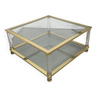 Lucite coffee table, brass and glass 70s