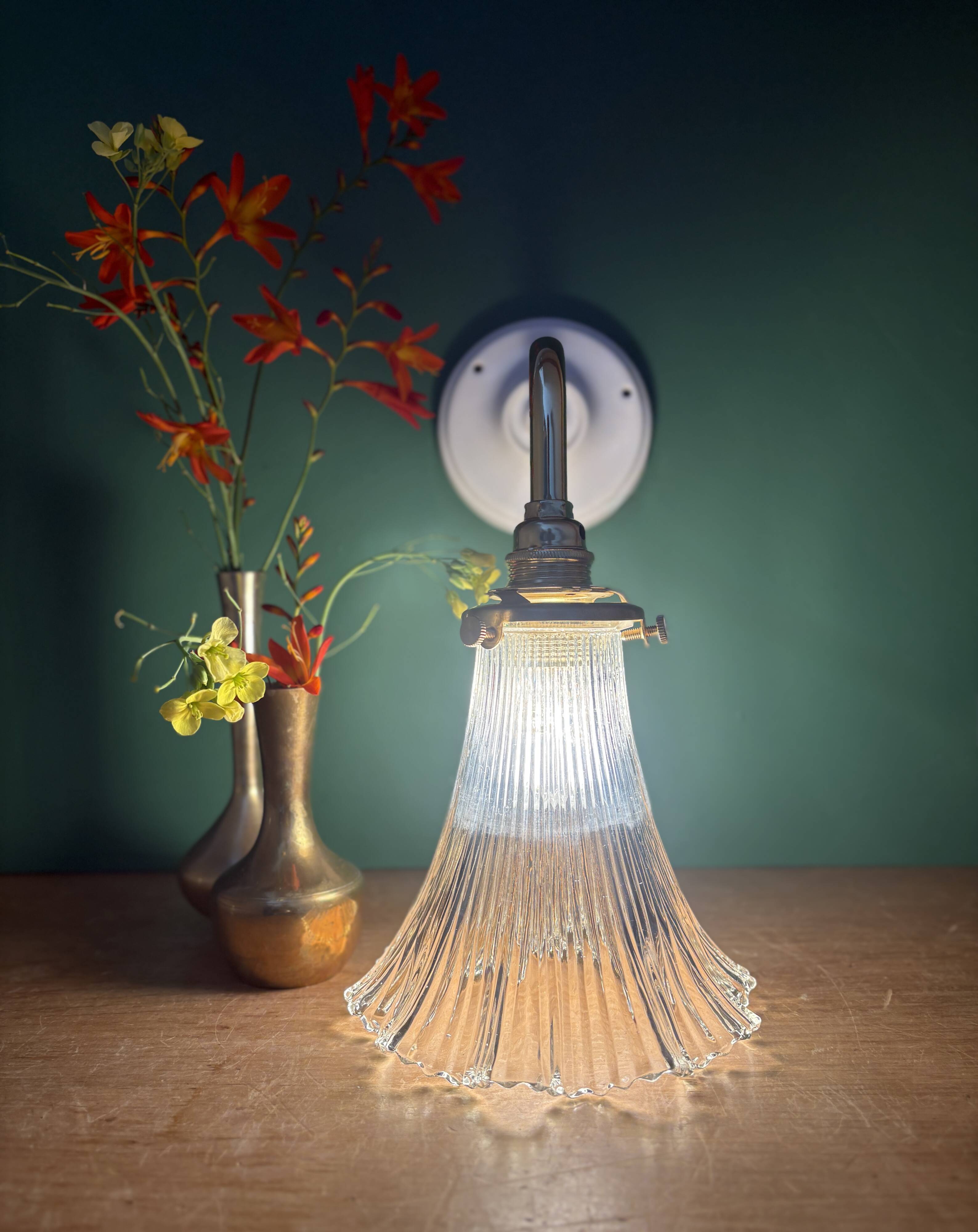 Vintage tulip angled wall light in holophane glass