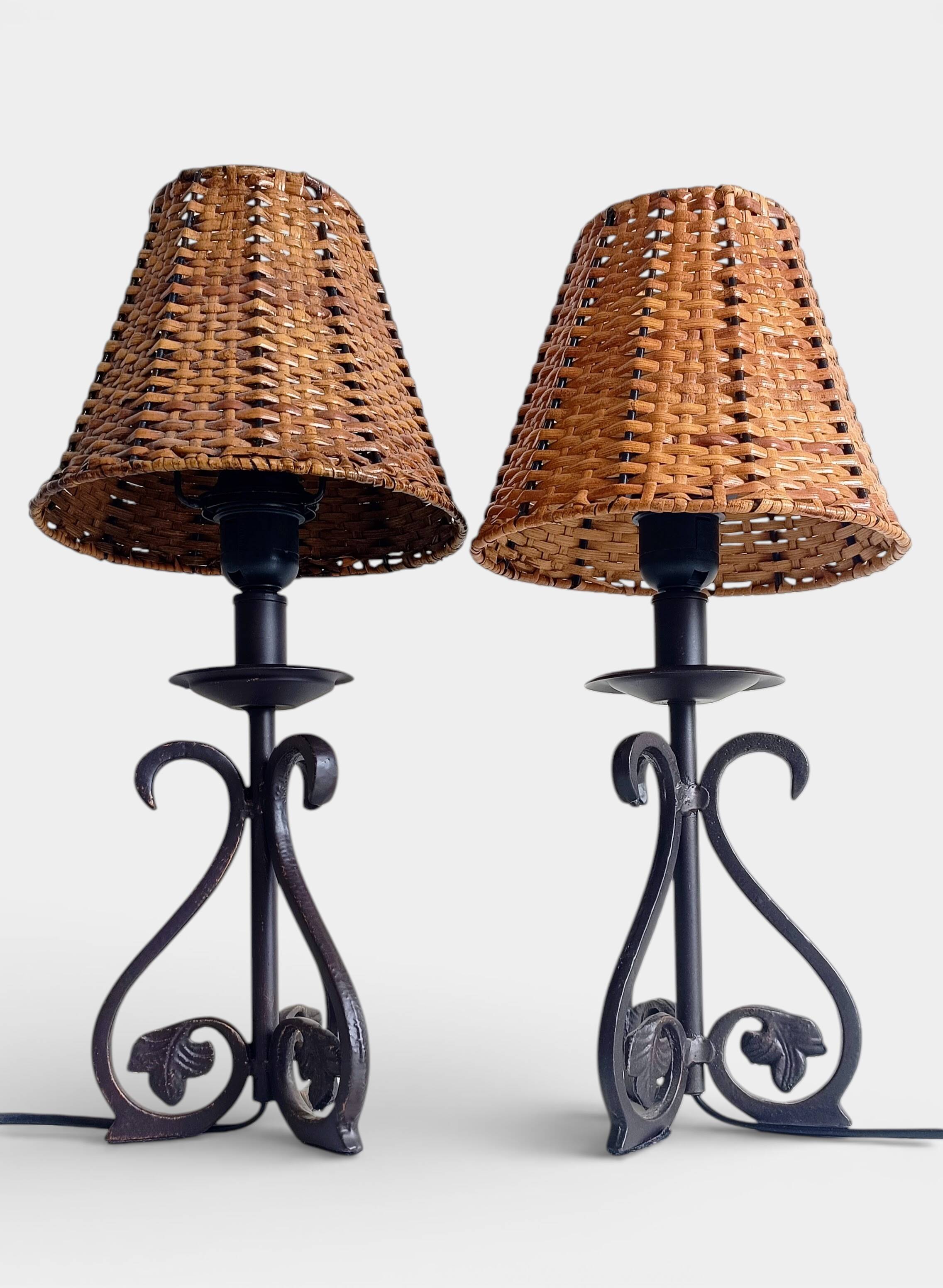 Spanish Hand Forged Wrought Iron Table Lamps with Hand Woven Wicker Shades