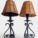 Spanish Hand Forged Wrought Iron Table Lamps with Hand Woven Wicker Shades