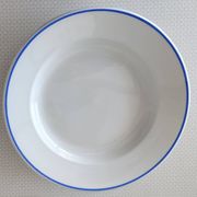 3 Pillivuyt white porcelain dinner plates with blue edging.