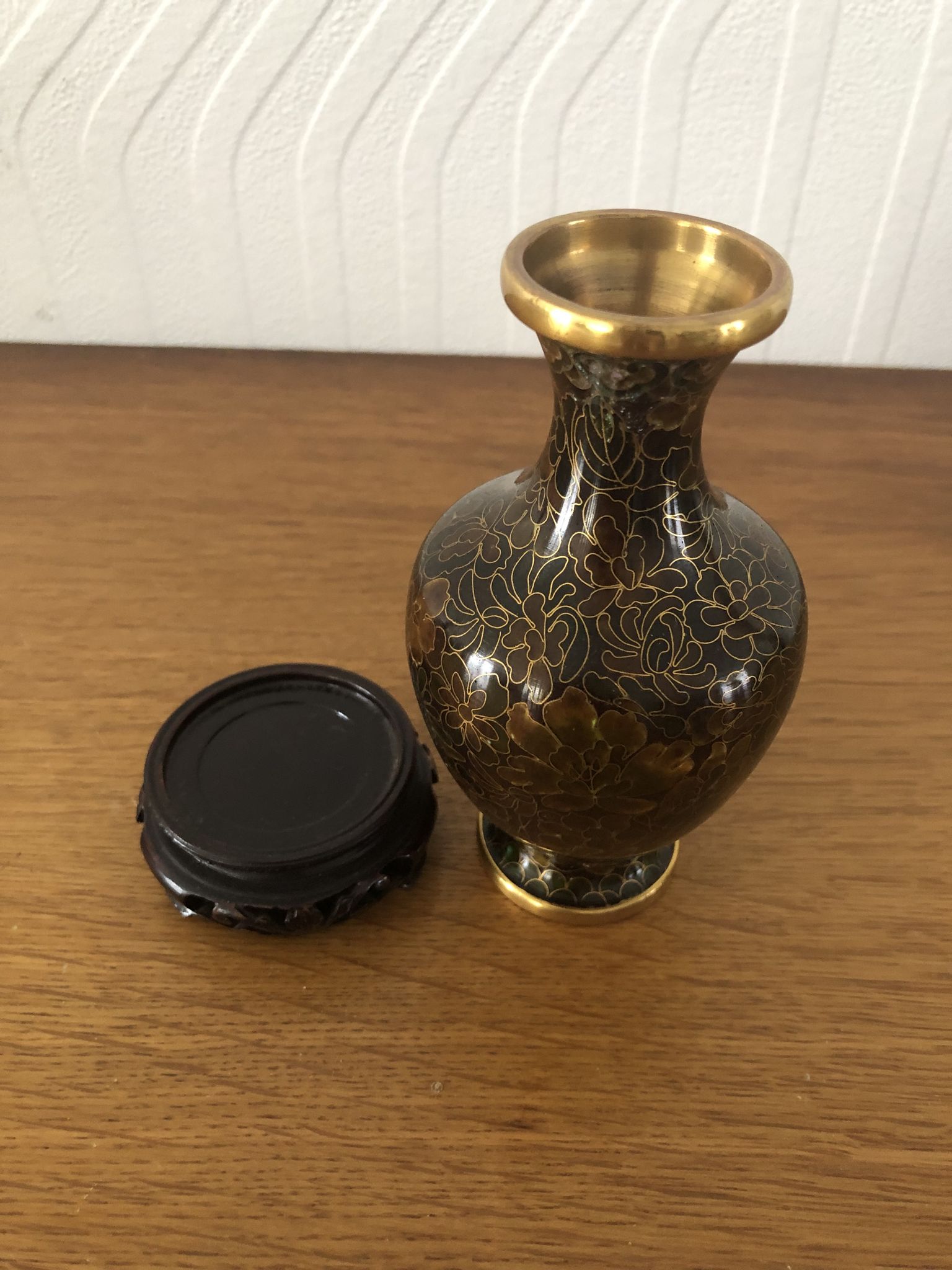 Chinese cloisonné vase in brass on wooden base floral motifs