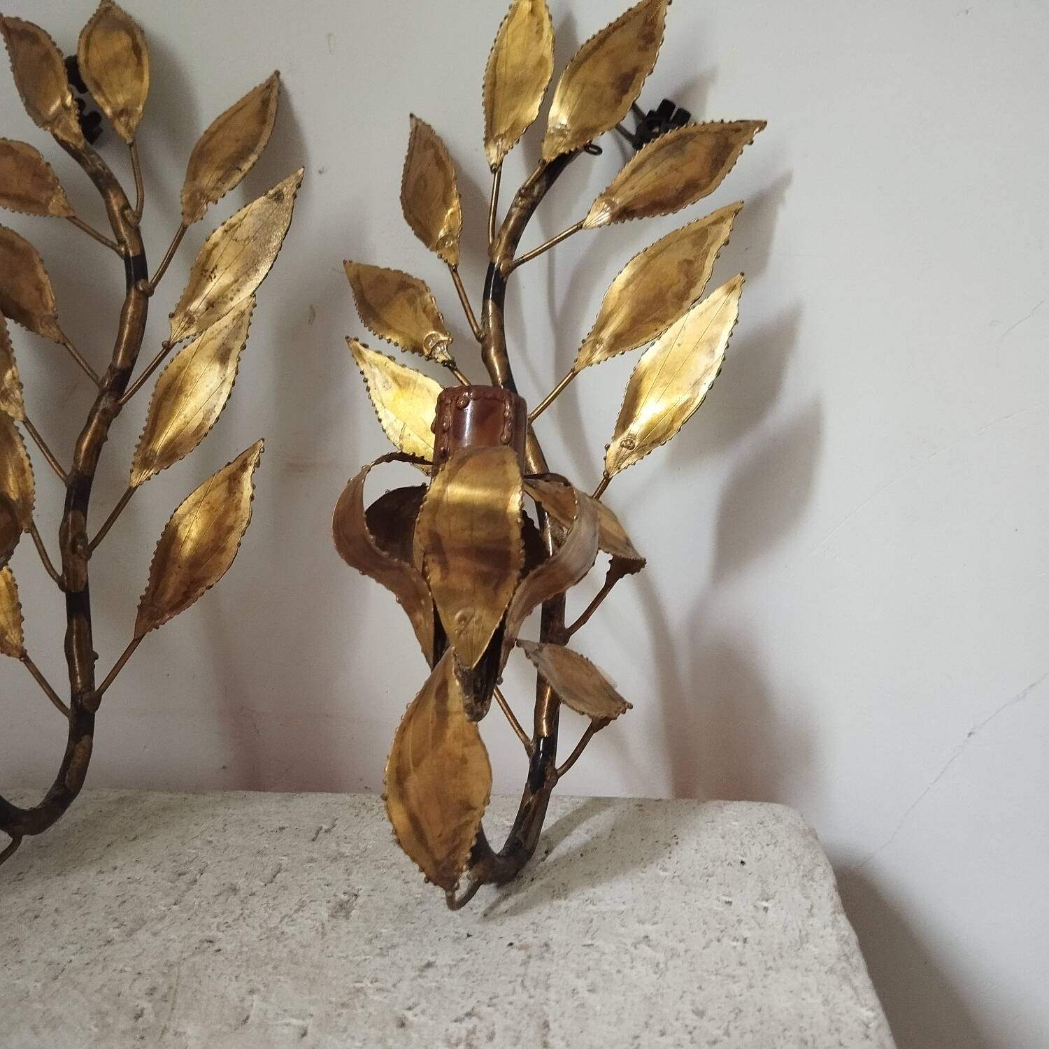 Pair of gold metal floral leaf sconces